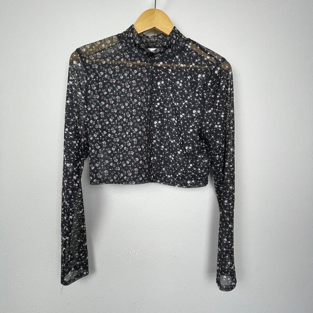 Aeropostale Sheer Crop Top‎ Women's Sz XL Black Floral Mock Neck Long Sleeve